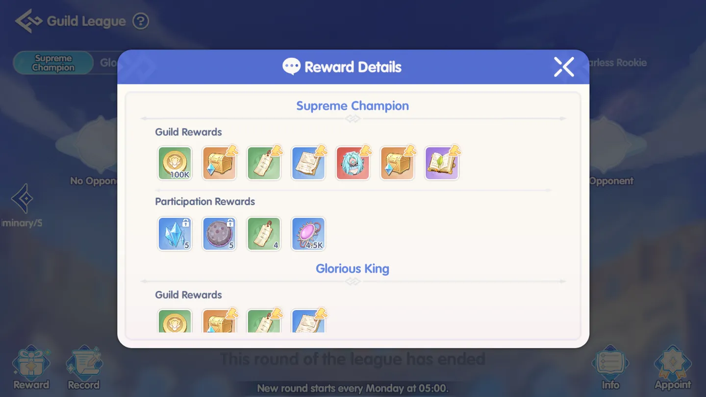 Guild League schedule and season reward interface