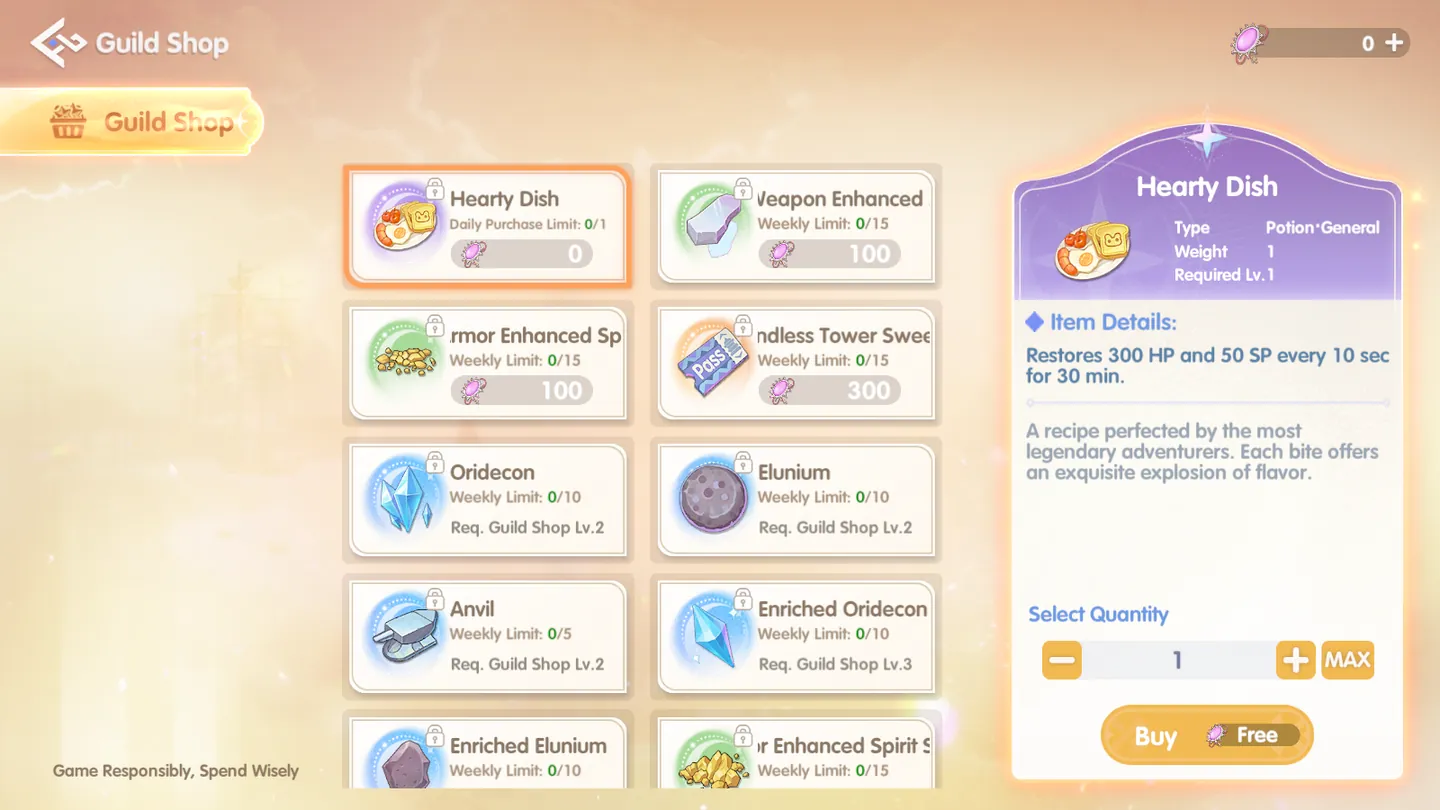 Guild Shop interface with weekly progression materials