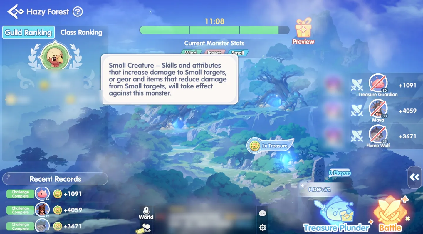 Hazy Forest event record with treasure progress and rankings