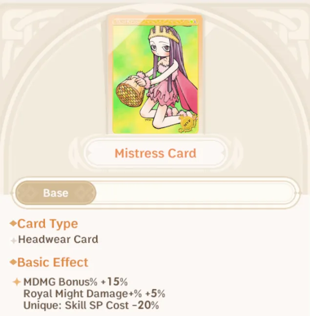 Mistress card details for a magic damage build