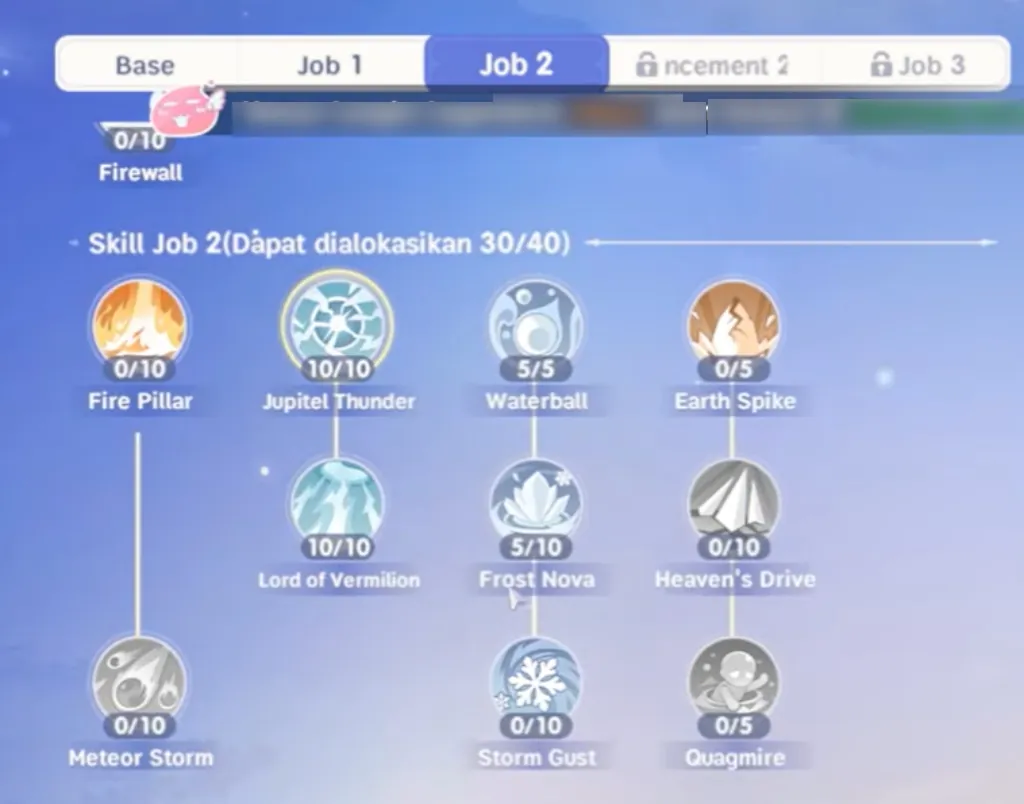 Wizard second-job skill tree for elemental build planning