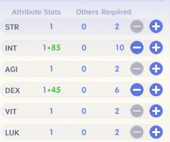 Wizard stat allocation focused on INT and DEX