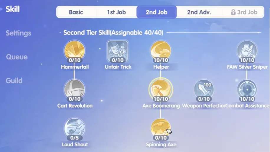 Merchant second-job skill tree for planning build progression